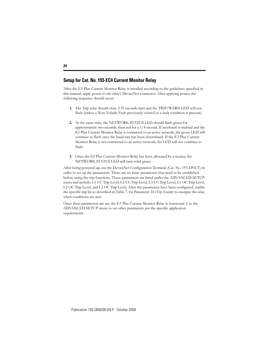 Setup for cat. no. 193-ec4 current monitor relay | Rockwell Automation 193/592-EC1/EC3/EC5 E3 and E3 Plus Solid-State Overload Relay - Quick Reference User Manual | Page 24 / 34