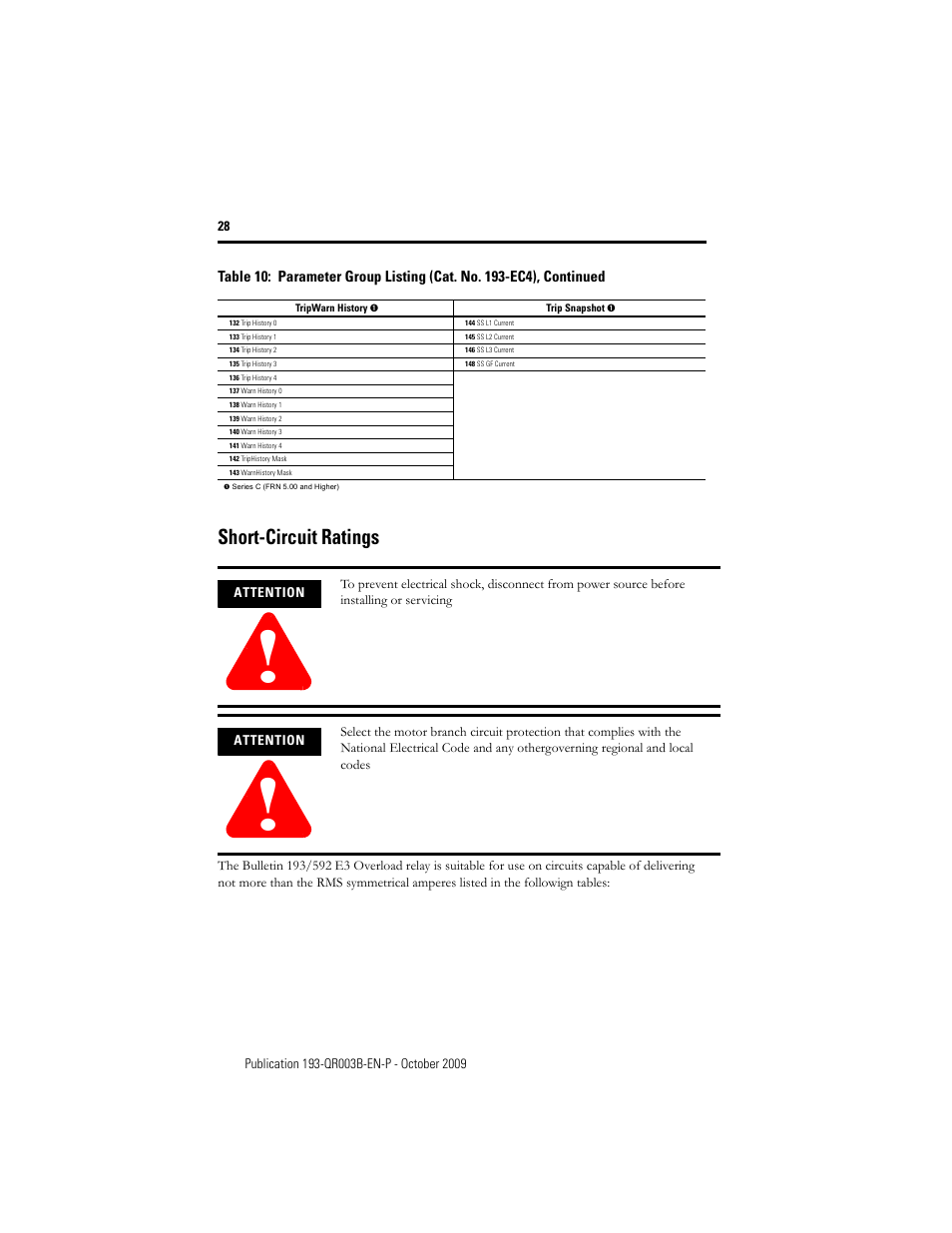 Short-circuit ratings | Rockwell Automation 193/592-EC1/EC3/EC5 E3 and E3 Plus Solid-State Overload Relay - Quick Reference User Manual | Page 28 / 34