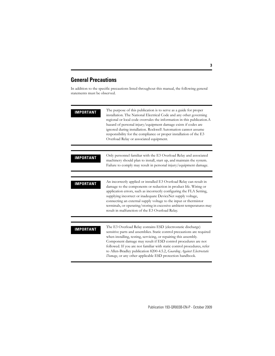 General precautions | Rockwell Automation 193/592-EC1/EC3/EC5 E3 and E3 Plus Solid-State Overload Relay - Quick Reference User Manual | Page 3 / 34