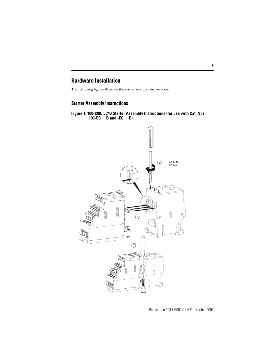 Hardware installation, Starter assembly instructions | Rockwell Automation 193/592-EC1/EC3/EC5 E3 and E3 Plus Solid-State Overload Relay - Quick Reference User Manual | Page 5 / 34