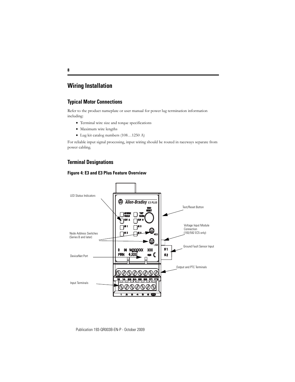 Wiring installation, Typical motor connections, Terminal designations | Rockwell Automation 193/592-EC1/EC3/EC5 E3 and E3 Plus Solid-State Overload Relay - Quick Reference User Manual | Page 8 / 34