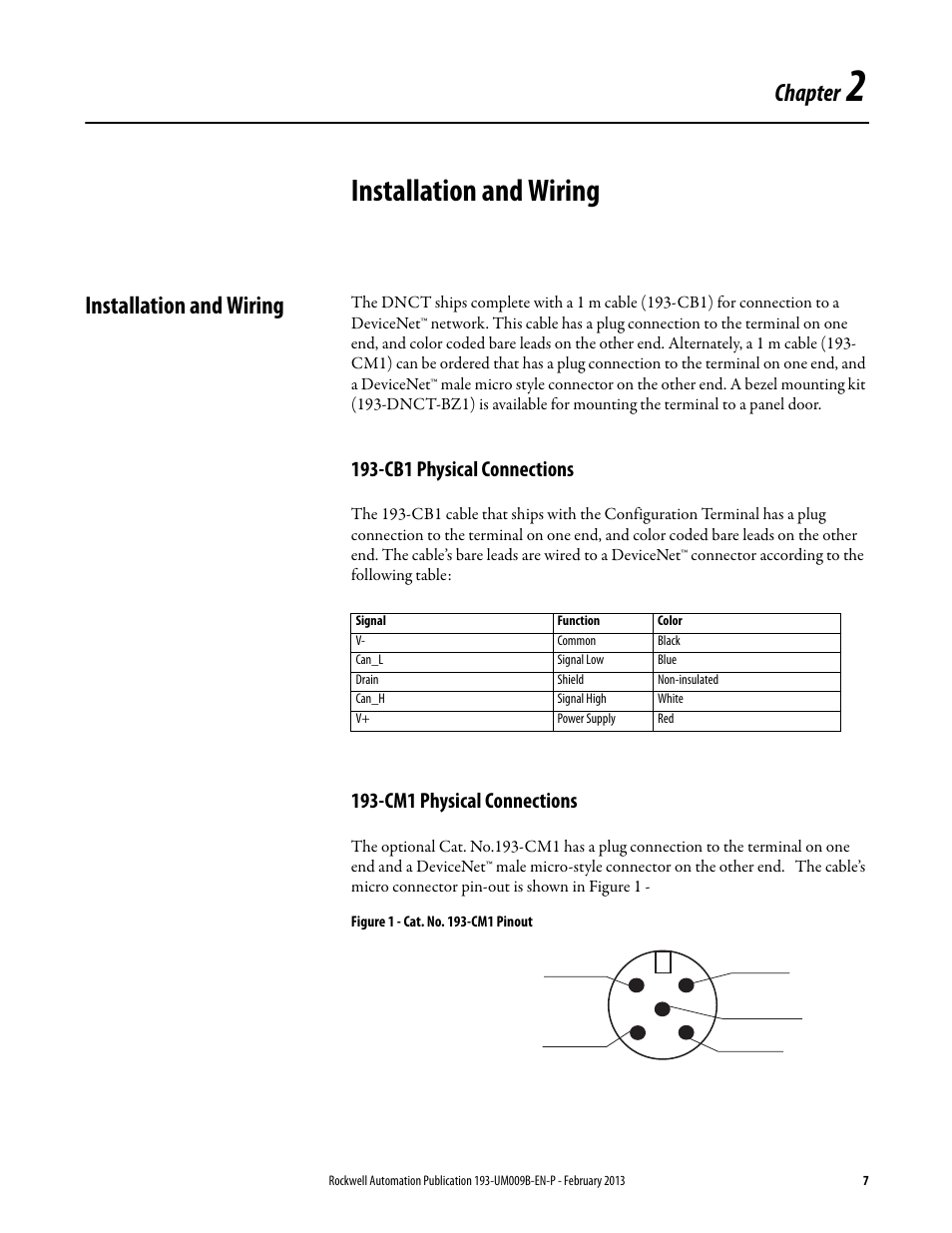 Installation and wiring, Cb1 physical connections, Cm1 physical connections | Figure 1 - cat. no. 193-cm1 pinout, Chapter 2, Chapter | Rockwell Automation 193-DNCT DeviceNet Configuration Terminal User Manual User Manual | Page 11 / 92