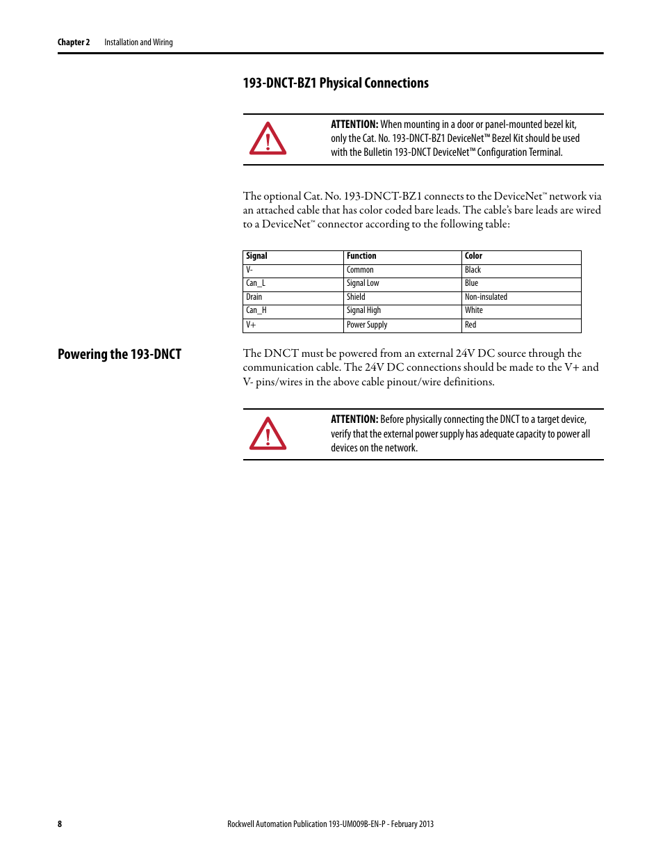 Dnct-bz1 physical connections, Powering the 193-dnct | Rockwell Automation 193-DNCT DeviceNet Configuration Terminal User Manual User Manual | Page 12 / 92