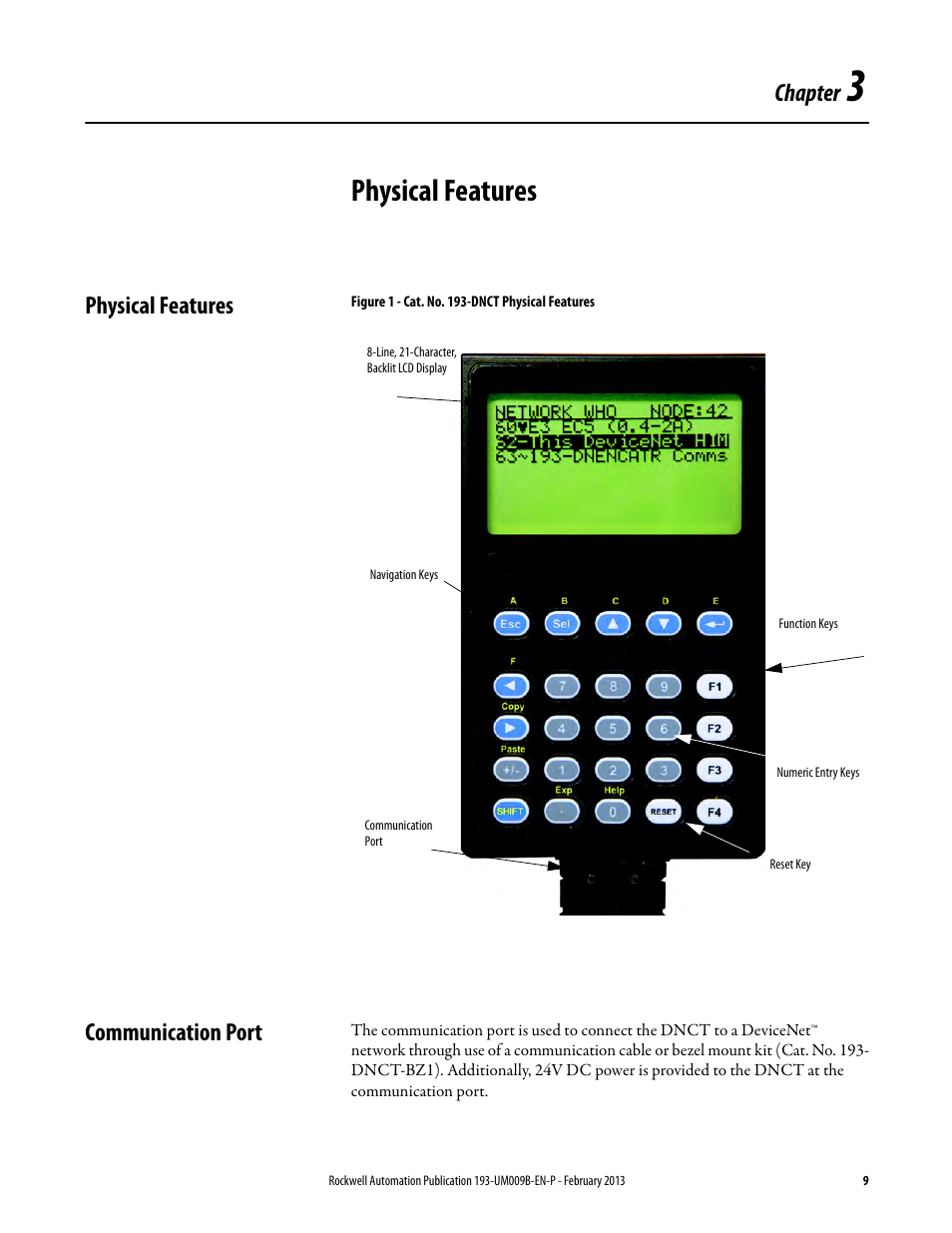 Physical features, Figure 1 - cat. no. 193-dnct physical features, Communication port | Chapter 3, Physical features communication port, Chapter | Rockwell Automation 193-DNCT DeviceNet Configuration Terminal User Manual User Manual | Page 13 / 92