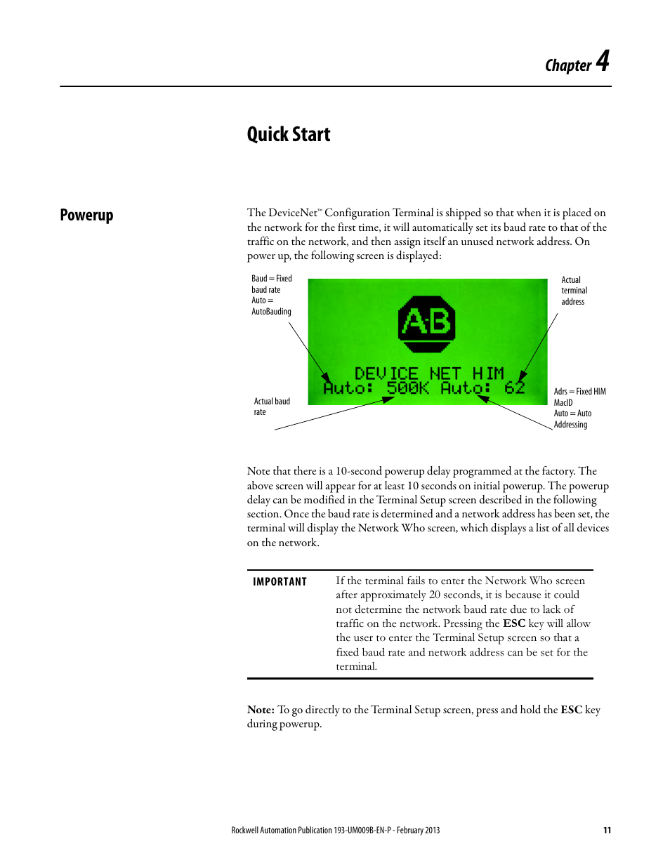 Quick start, Powerup, Chapter 4 | Chapter | Rockwell Automation 193-DNCT DeviceNet Configuration Terminal User Manual User Manual | Page 15 / 92