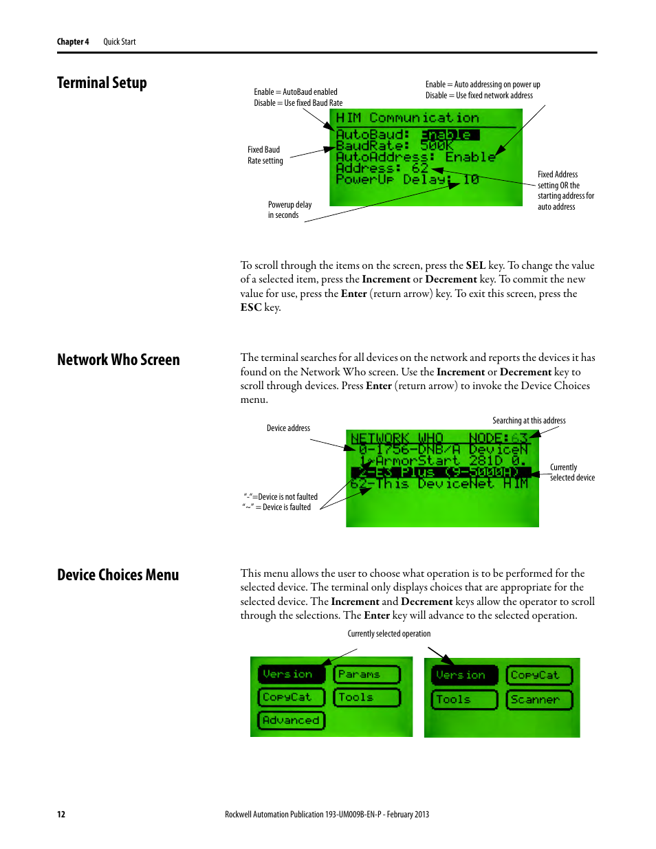 Terminal setup, Network who screen, Device choices menu | Rockwell Automation 193-DNCT DeviceNet Configuration Terminal User Manual User Manual | Page 16 / 92