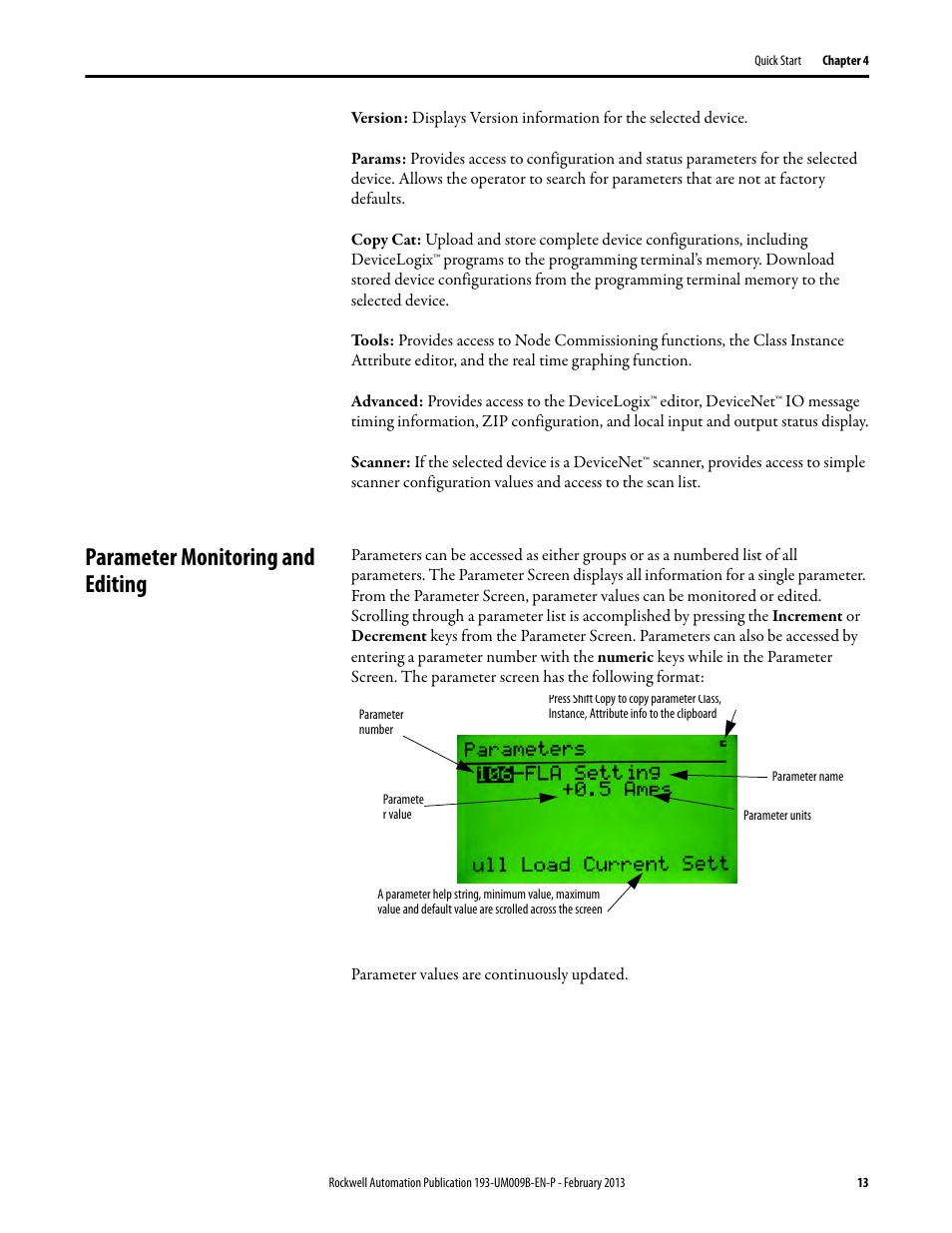 Parameter monitoring and editing | Rockwell Automation 193-DNCT DeviceNet Configuration Terminal User Manual User Manual | Page 17 / 92