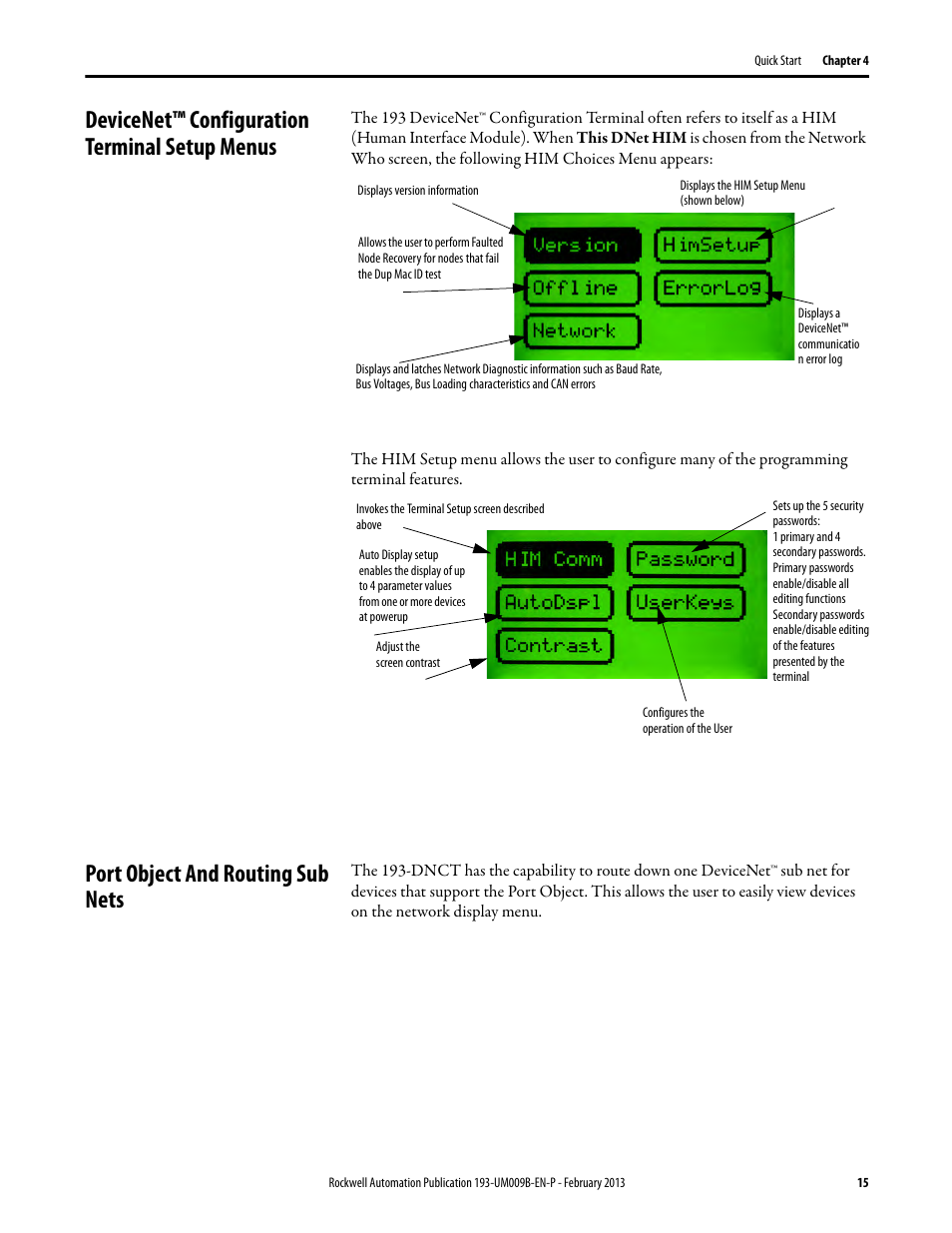 Devicenet™ configuration terminal setup menus, Port object and routing sub nets | Rockwell Automation 193-DNCT DeviceNet Configuration Terminal User Manual User Manual | Page 19 / 92