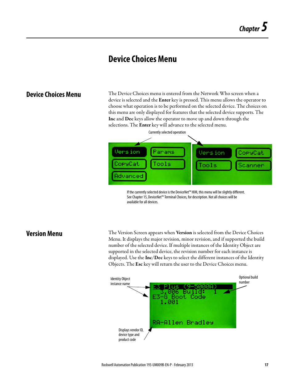 Device choices menu, Version menu, Chapter 5 | Device choices menu version menu, Chapter | Rockwell Automation 193-DNCT DeviceNet Configuration Terminal User Manual User Manual | Page 21 / 92