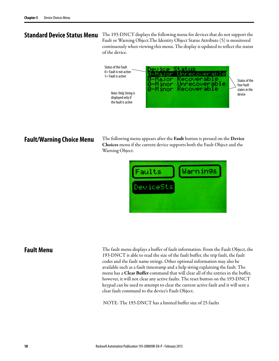 Standard device status menu, Fault/warning choice menu, Fault menu | Rockwell Automation 193-DNCT DeviceNet Configuration Terminal User Manual User Manual | Page 22 / 92
