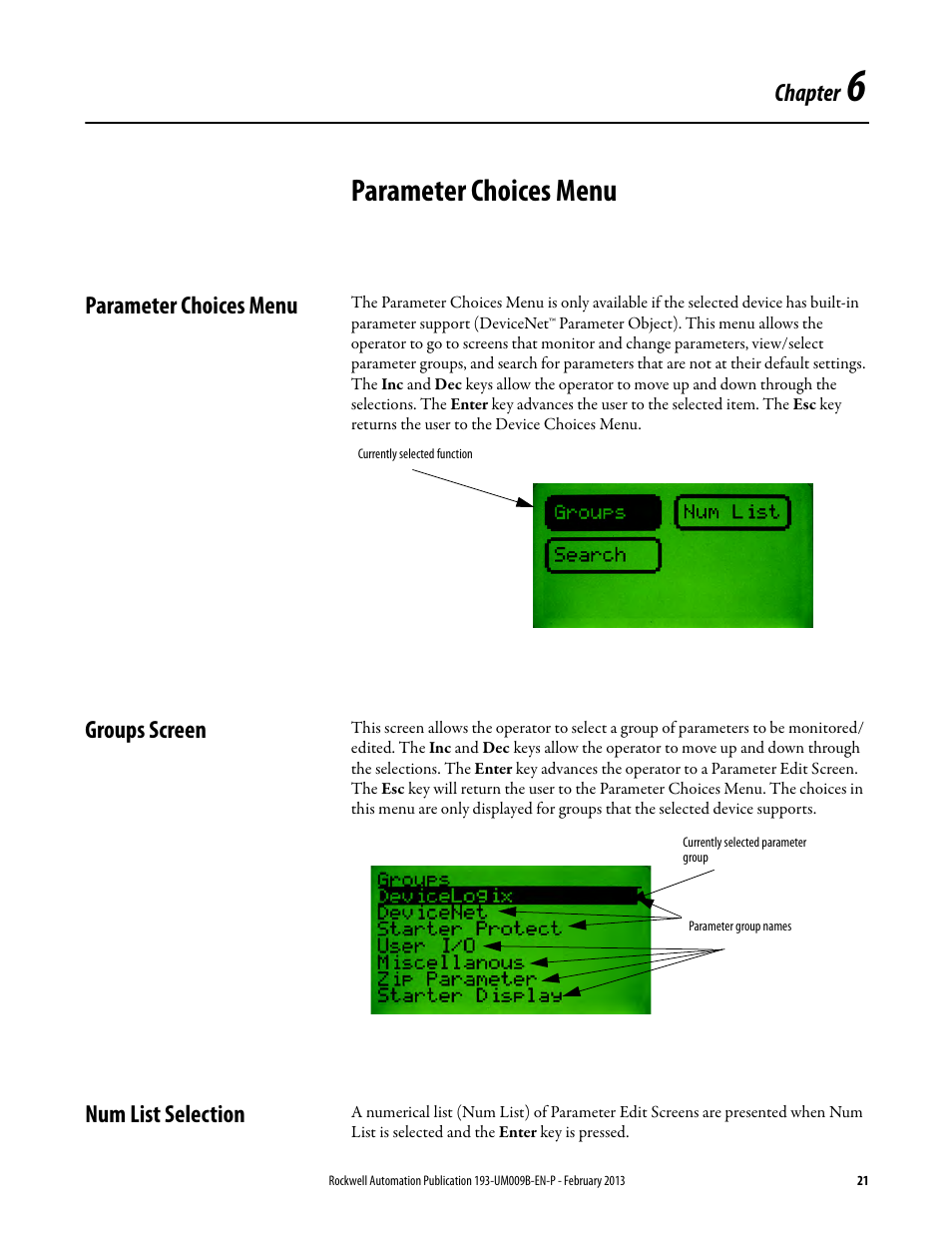 Device choices menu, Parameter choices menu, Groups screen | Num list selection, Chapter 6 | Rockwell Automation 193-DNCT DeviceNet Configuration Terminal User Manual User Manual | Page 25 / 92