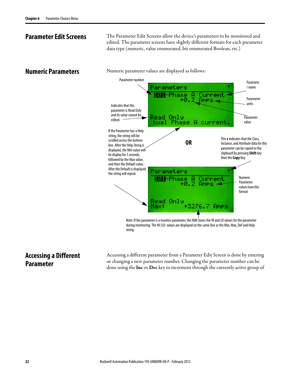 Parameter edit screens, Numeric parameters, Accessing a different parameter | Rockwell Automation 193-DNCT DeviceNet Configuration Terminal User Manual User Manual | Page 26 / 92