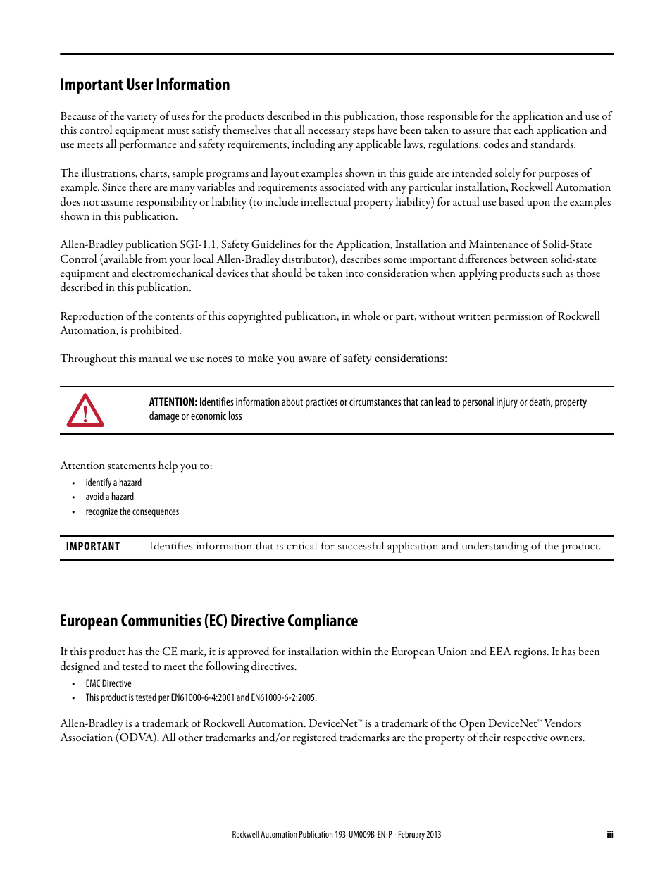 Important user information, European communities (ec) directive compliance | Rockwell Automation 193-DNCT DeviceNet Configuration Terminal User Manual User Manual | Page 3 / 92