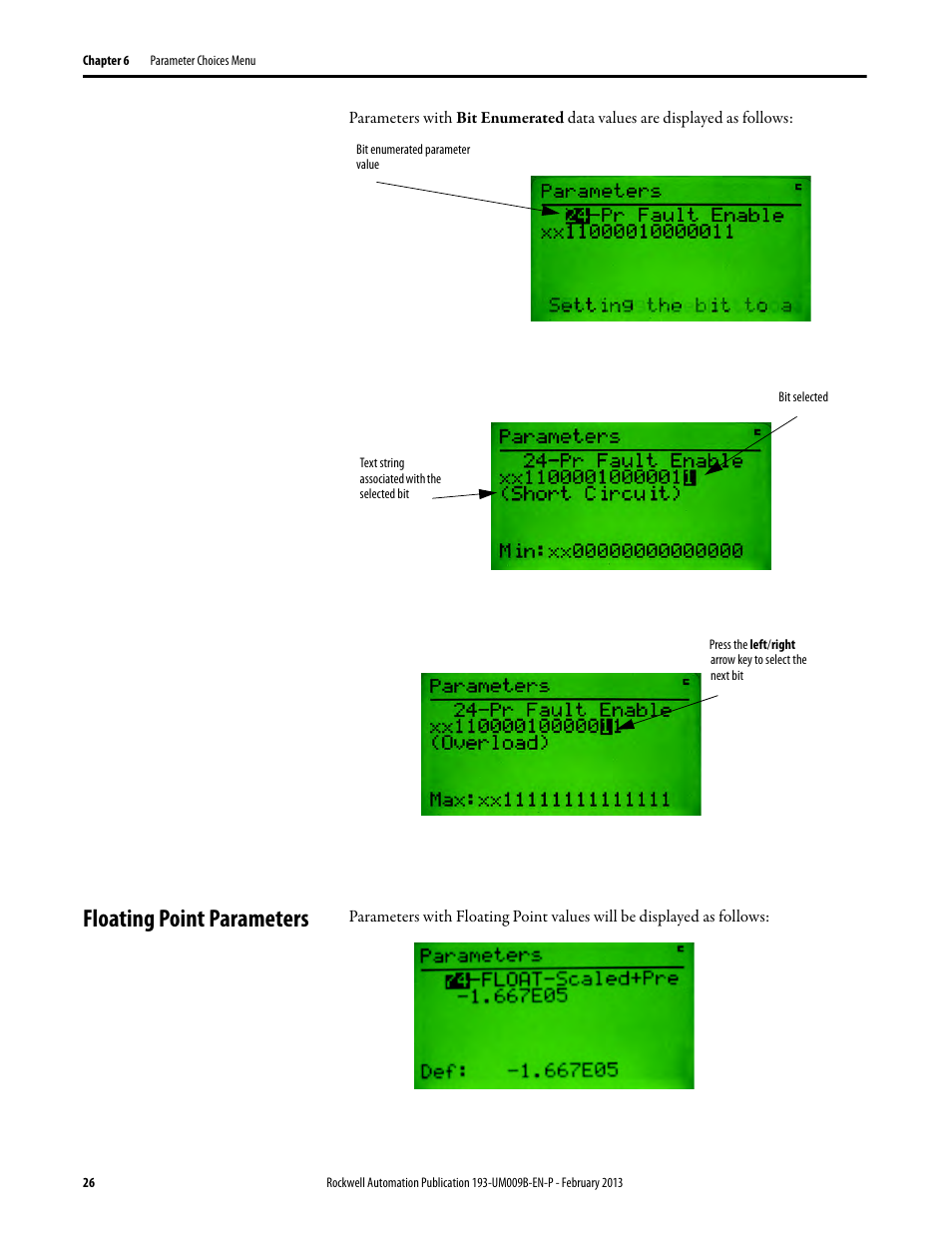 Floating point parameters | Rockwell Automation 193-DNCT DeviceNet Configuration Terminal User Manual User Manual | Page 30 / 92