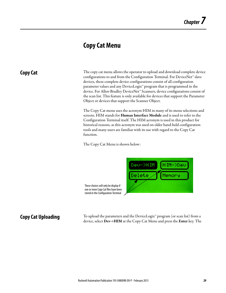 Copy cat menu, Copy cat, Copy cat uploading | Chapter 7, Copy cat copy cat uploading | Rockwell Automation 193-DNCT DeviceNet Configuration Terminal User Manual User Manual | Page 33 / 92