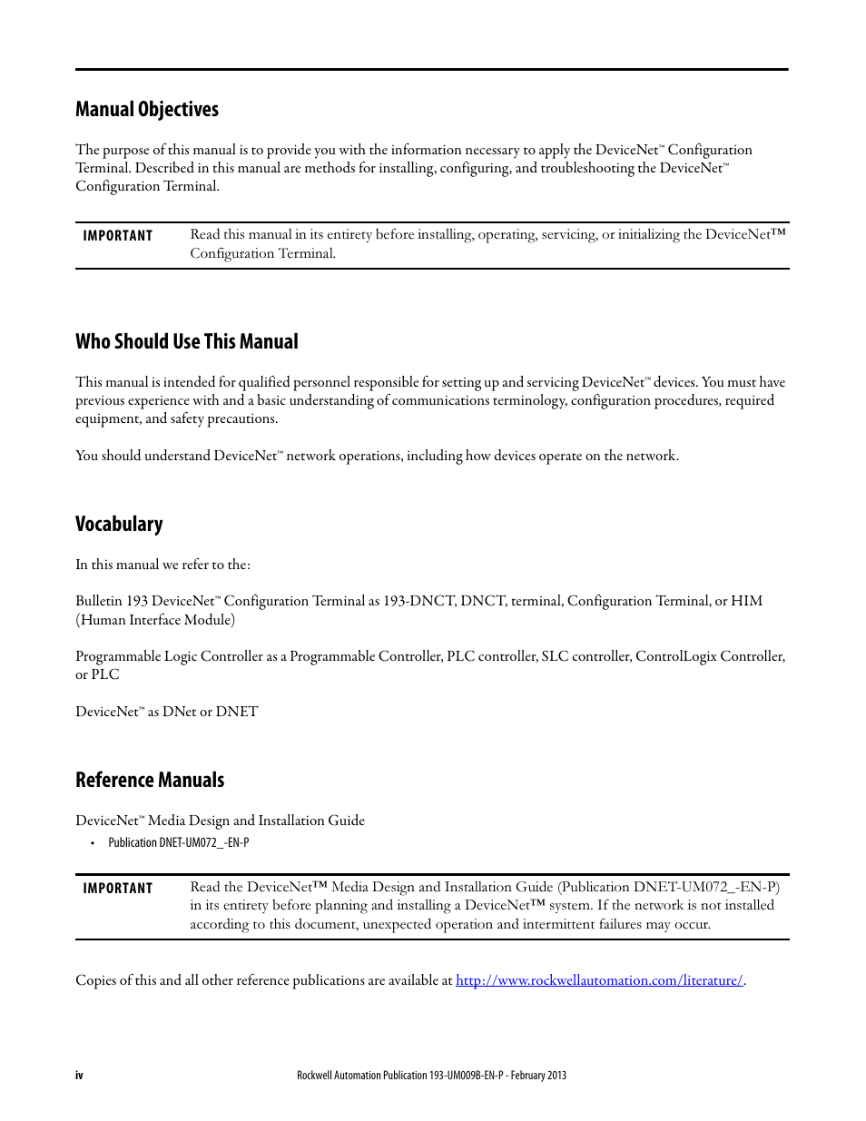 Manual objectives, Who should use this manual, Vocabulary | Reference manuals | Rockwell Automation 193-DNCT DeviceNet Configuration Terminal User Manual User Manual | Page 4 / 92