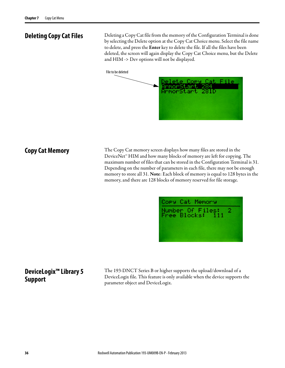 Deleting copy cat files, Copy cat memory, Devicelogix™ library 5 support | Rockwell Automation 193-DNCT DeviceNet Configuration Terminal User Manual User Manual | Page 40 / 92