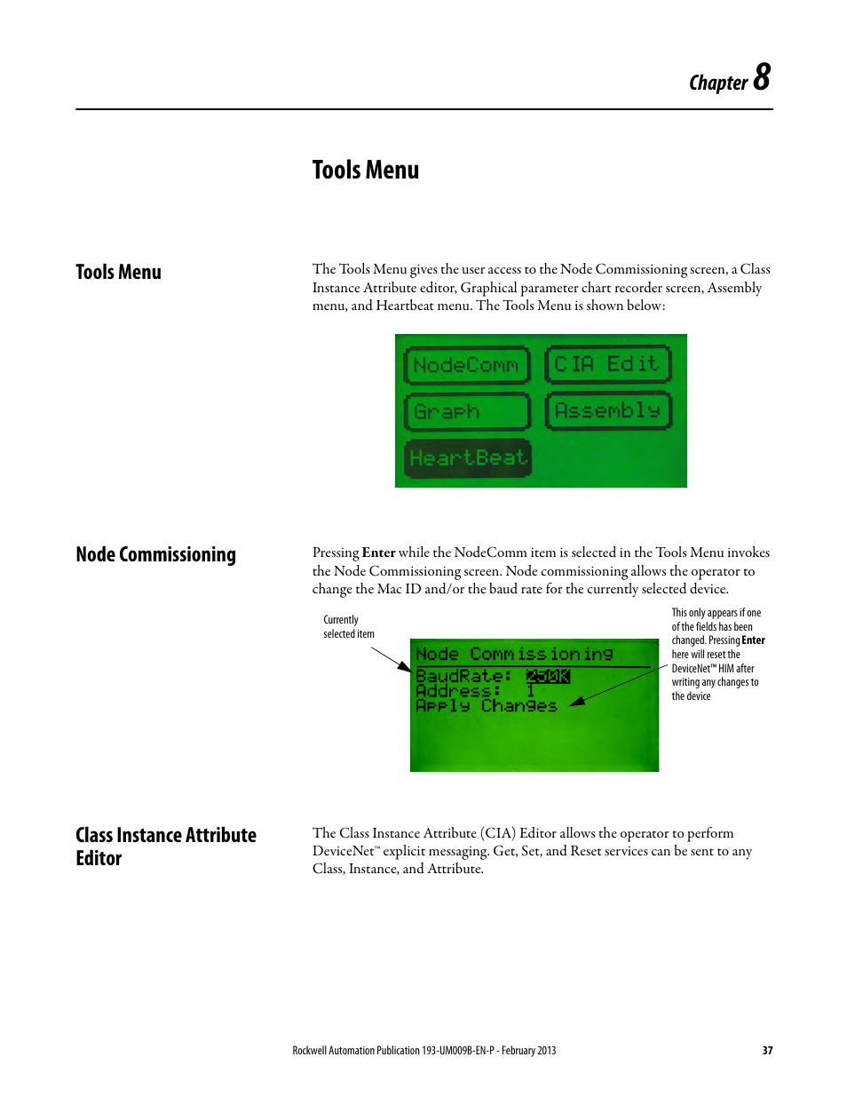 Tools menu, Node commissioning, Class instance attribute editor | Chapter 8 | Rockwell Automation 193-DNCT DeviceNet Configuration Terminal User Manual User Manual | Page 41 / 92