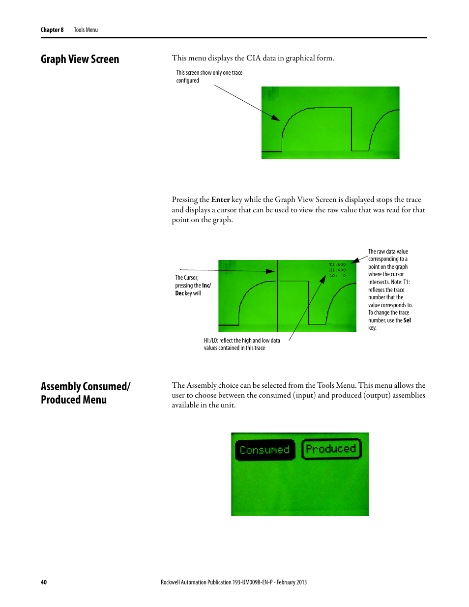 Graph view screen, Assembly consumed/ produced menu, Graph view screen assembly consumed/produced menu | Rockwell Automation 193-DNCT DeviceNet Configuration Terminal User Manual User Manual | Page 44 / 92