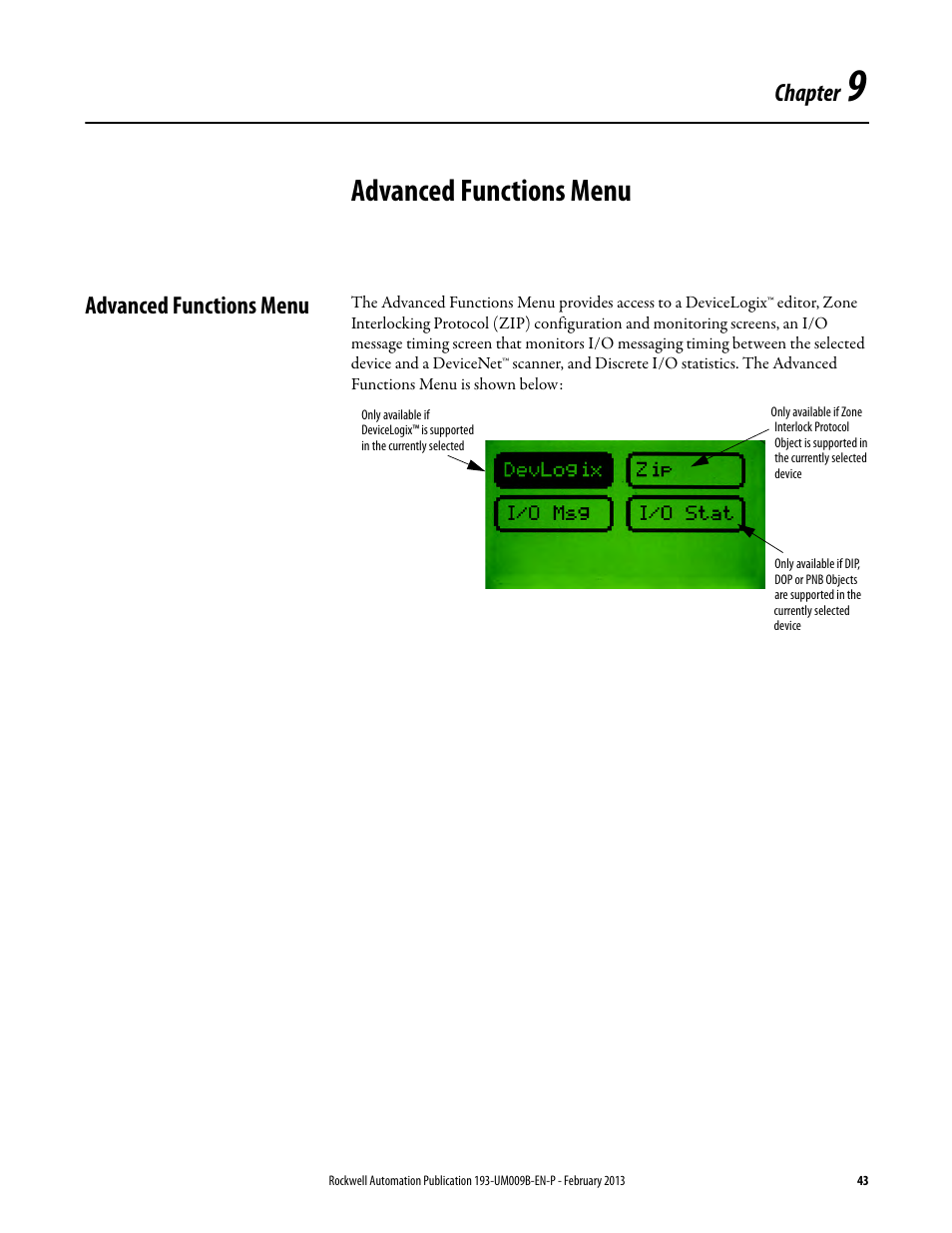 Advanced functions menu, Chapter 9, Chapter | Rockwell Automation 193-DNCT DeviceNet Configuration Terminal User Manual User Manual | Page 47 / 92