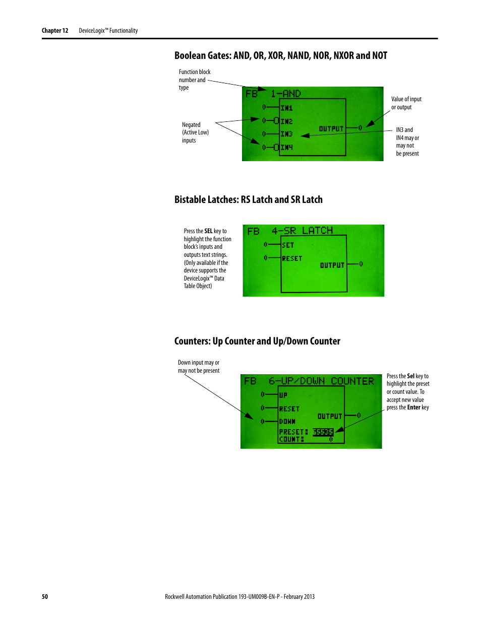Bistable latches: rs latch and sr latch, Counters: up counter and up/down counter | Rockwell Automation 193-DNCT DeviceNet Configuration Terminal User Manual User Manual | Page 54 / 92