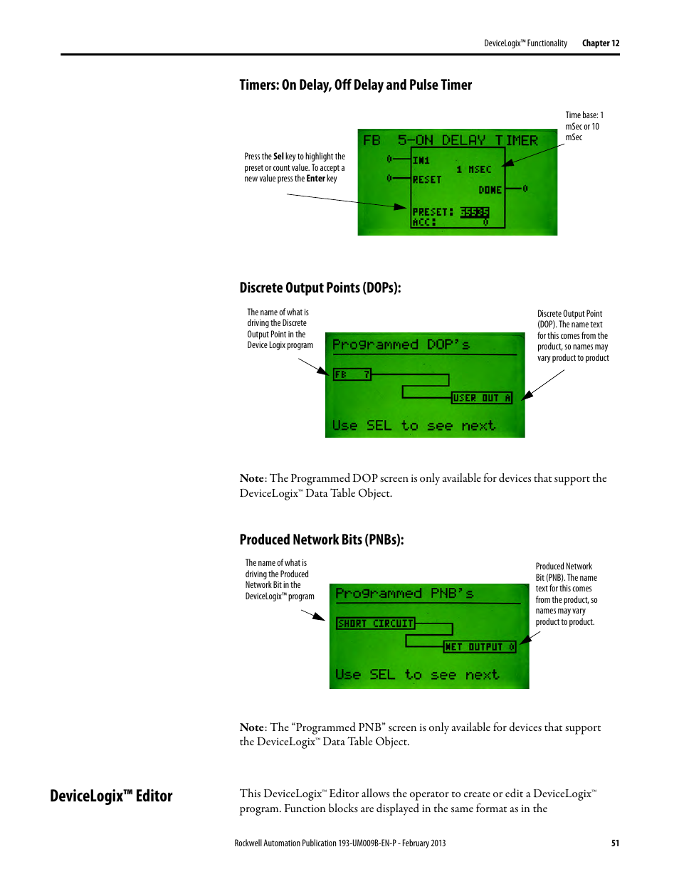 Timers: on delay, off delay and pulse timer, Discrete output points (dops), Produced network bits (pnbs) | Devicelogix™ editor | Rockwell Automation 193-DNCT DeviceNet Configuration Terminal User Manual User Manual | Page 55 / 92