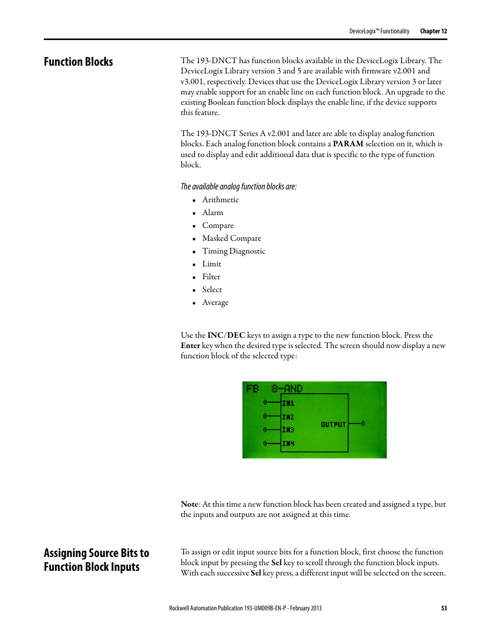 Function blocks, The available analog function blocks are, Assigning source bits to function block inputs | Rockwell Automation 193-DNCT DeviceNet Configuration Terminal User Manual User Manual | Page 57 / 92