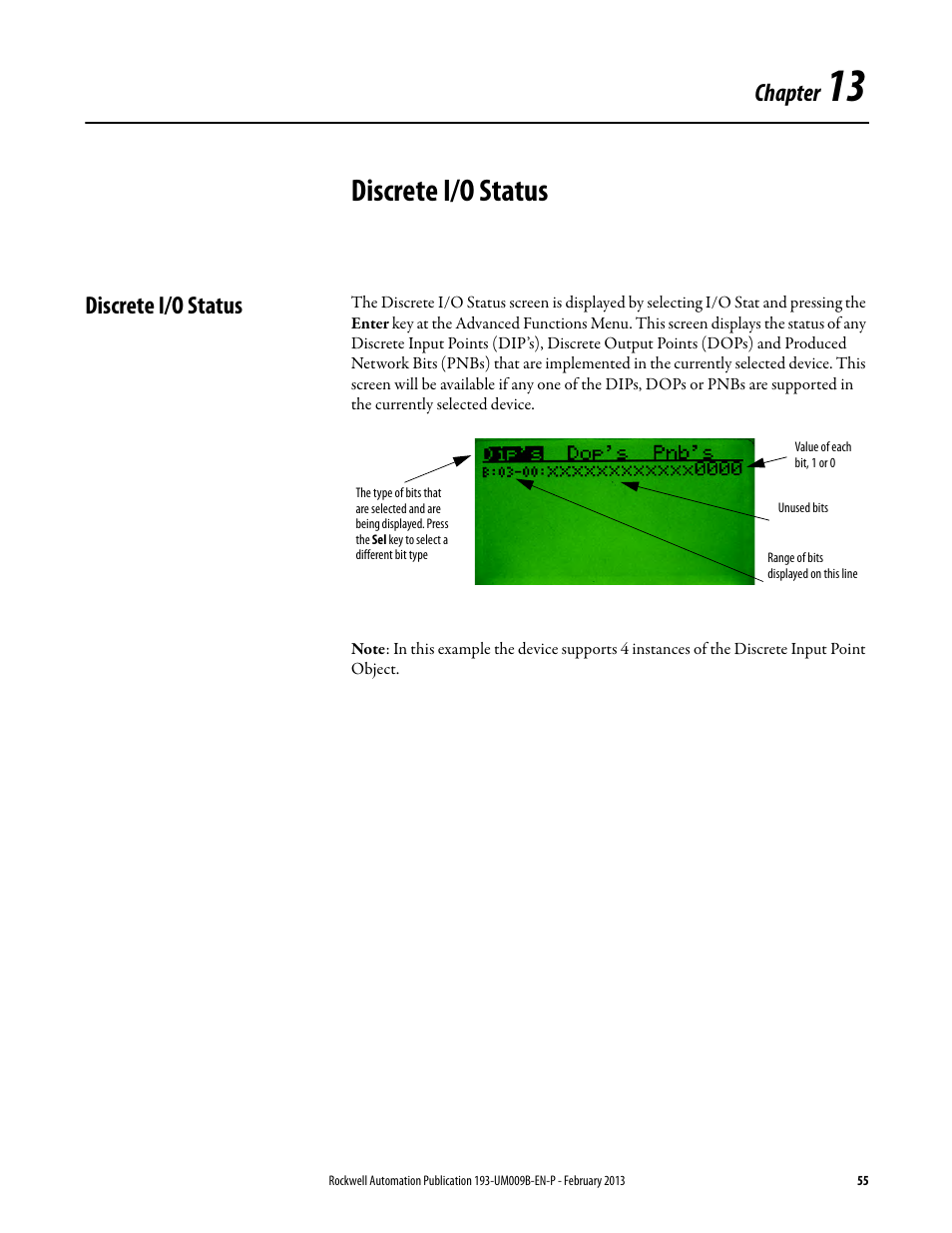 Discrete i/o status, Chapter 13, Chapter | Rockwell Automation 193-DNCT DeviceNet Configuration Terminal User Manual User Manual | Page 59 / 92