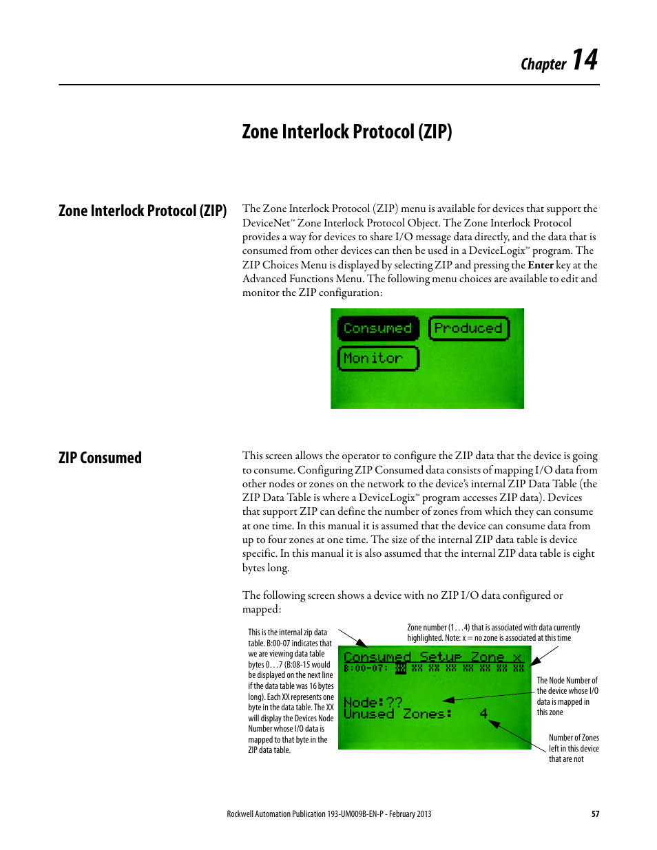 Zone interlock protocol (zip), Zip consumed, Chapter 14 | Zone interlock protocol (zip) zip consumed, Chapter | Rockwell Automation 193-DNCT DeviceNet Configuration Terminal User Manual User Manual | Page 61 / 92