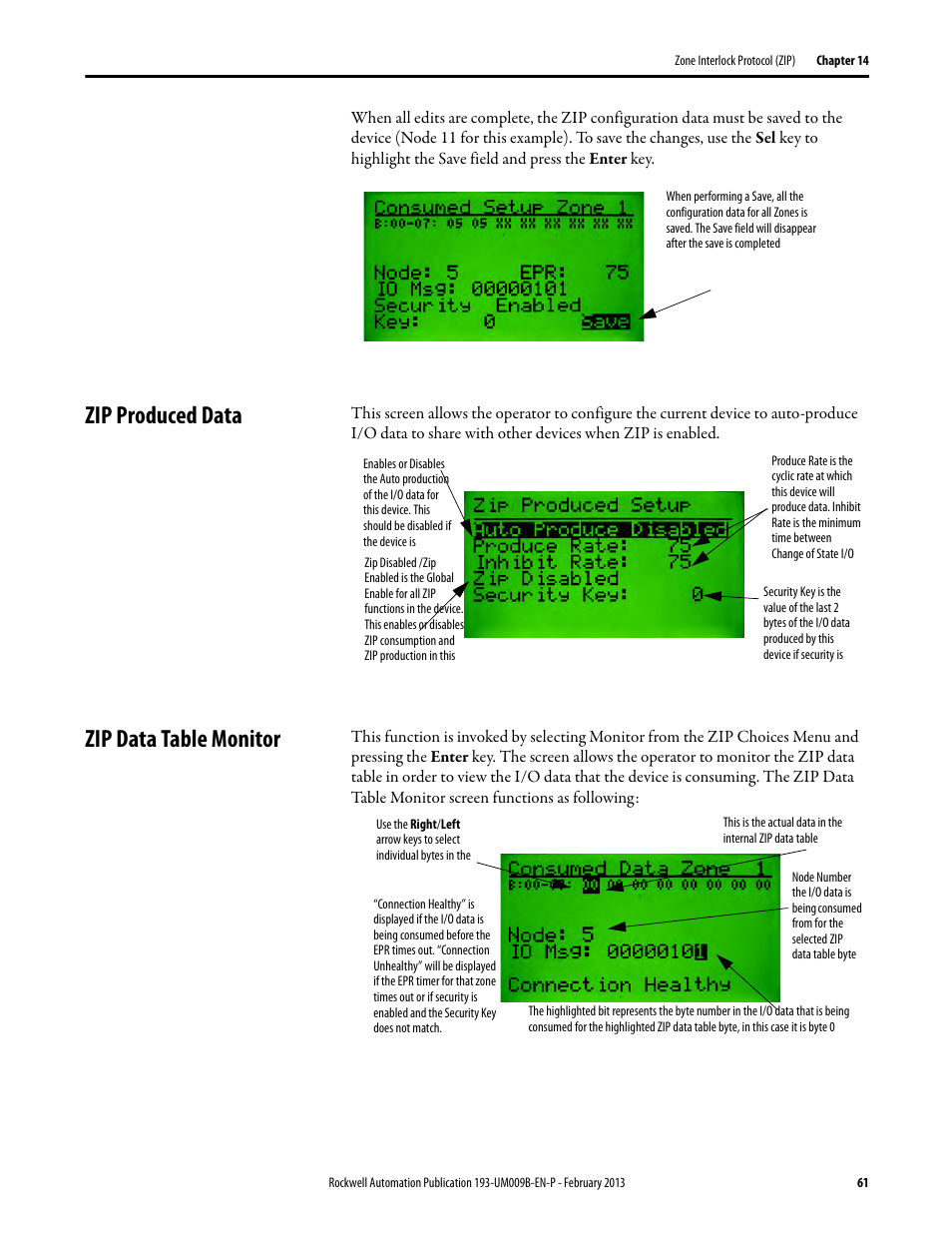 Zip produced data, Zip data table monitor, Zip produced data zip data table monitor | Rockwell Automation 193-DNCT DeviceNet Configuration Terminal User Manual User Manual | Page 65 / 92