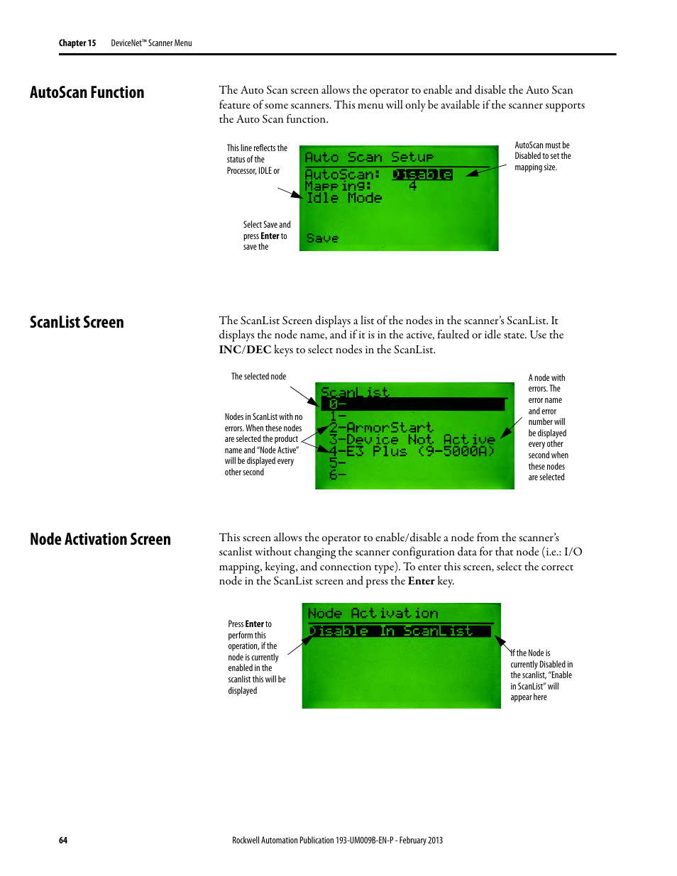 Autoscan function, Scanlist screen, Node activation screen | Rockwell Automation 193-DNCT DeviceNet Configuration Terminal User Manual User Manual | Page 68 / 92