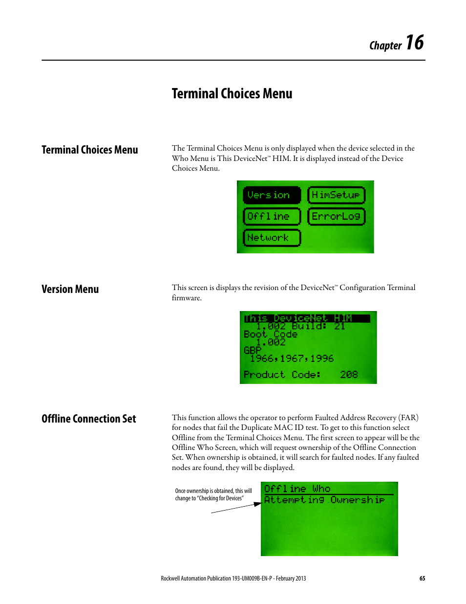 Terminal choices menu, Version menu, Offline connection set | Chapter 16 | Rockwell Automation 193-DNCT DeviceNet Configuration Terminal User Manual User Manual | Page 69 / 92