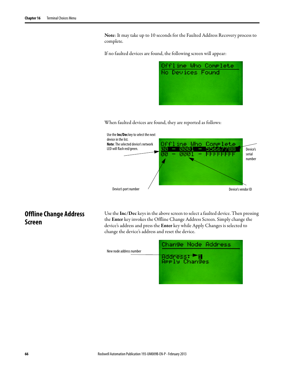 Offline change address screen | Rockwell Automation 193-DNCT DeviceNet Configuration Terminal User Manual User Manual | Page 70 / 92