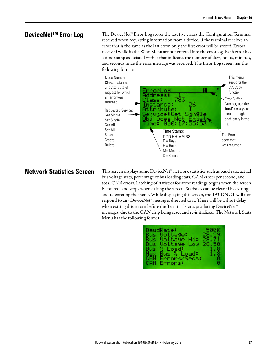 Devicenet™ error log, Network statistics screen, Devicenet™ error log network statistics screen | Rockwell Automation 193-DNCT DeviceNet Configuration Terminal User Manual User Manual | Page 71 / 92