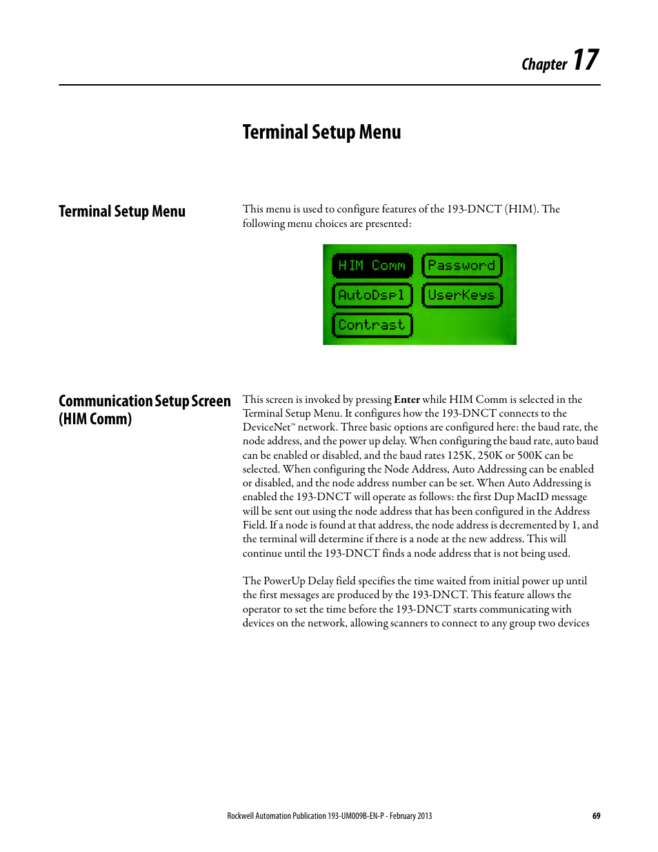 Terminal setup menu, Communication setup screen (him comm), Chapter 17 | Rockwell Automation 193-DNCT DeviceNet Configuration Terminal User Manual User Manual | Page 73 / 92