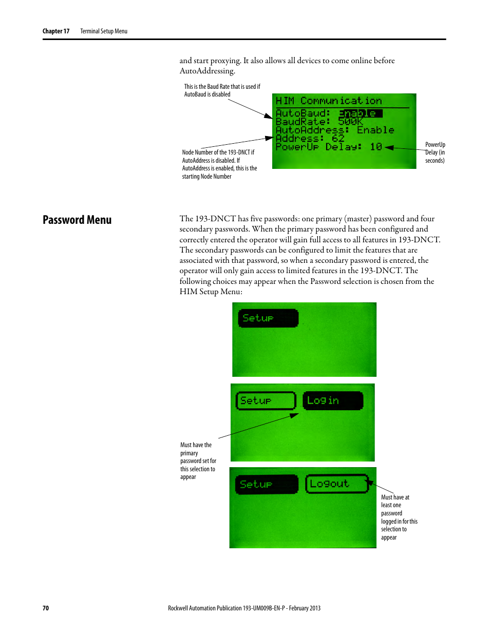 Password menu | Rockwell Automation 193-DNCT DeviceNet Configuration Terminal User Manual User Manual | Page 74 / 92