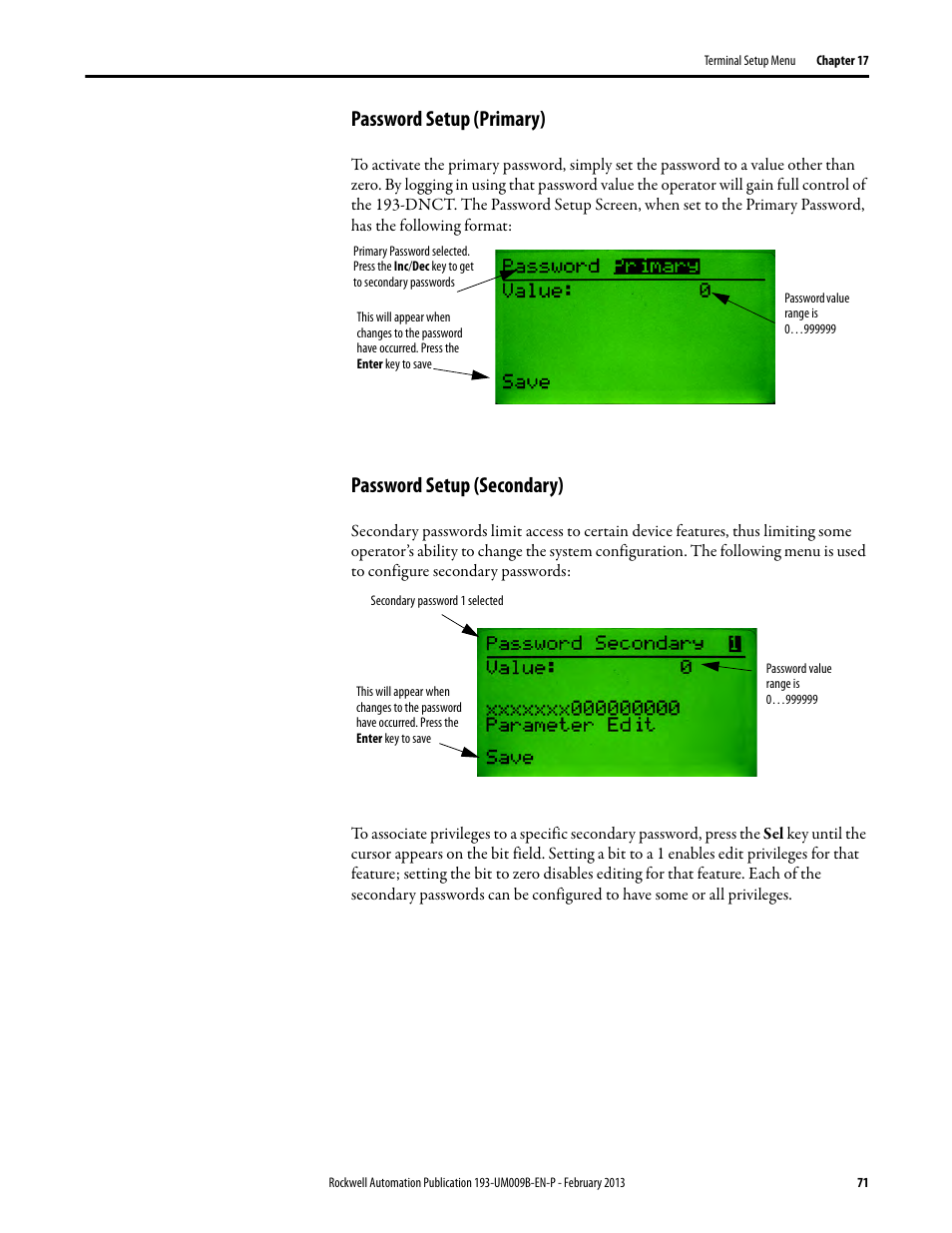 Password setup (primary), Password setup (secondary) | Rockwell Automation 193-DNCT DeviceNet Configuration Terminal User Manual User Manual | Page 75 / 92
