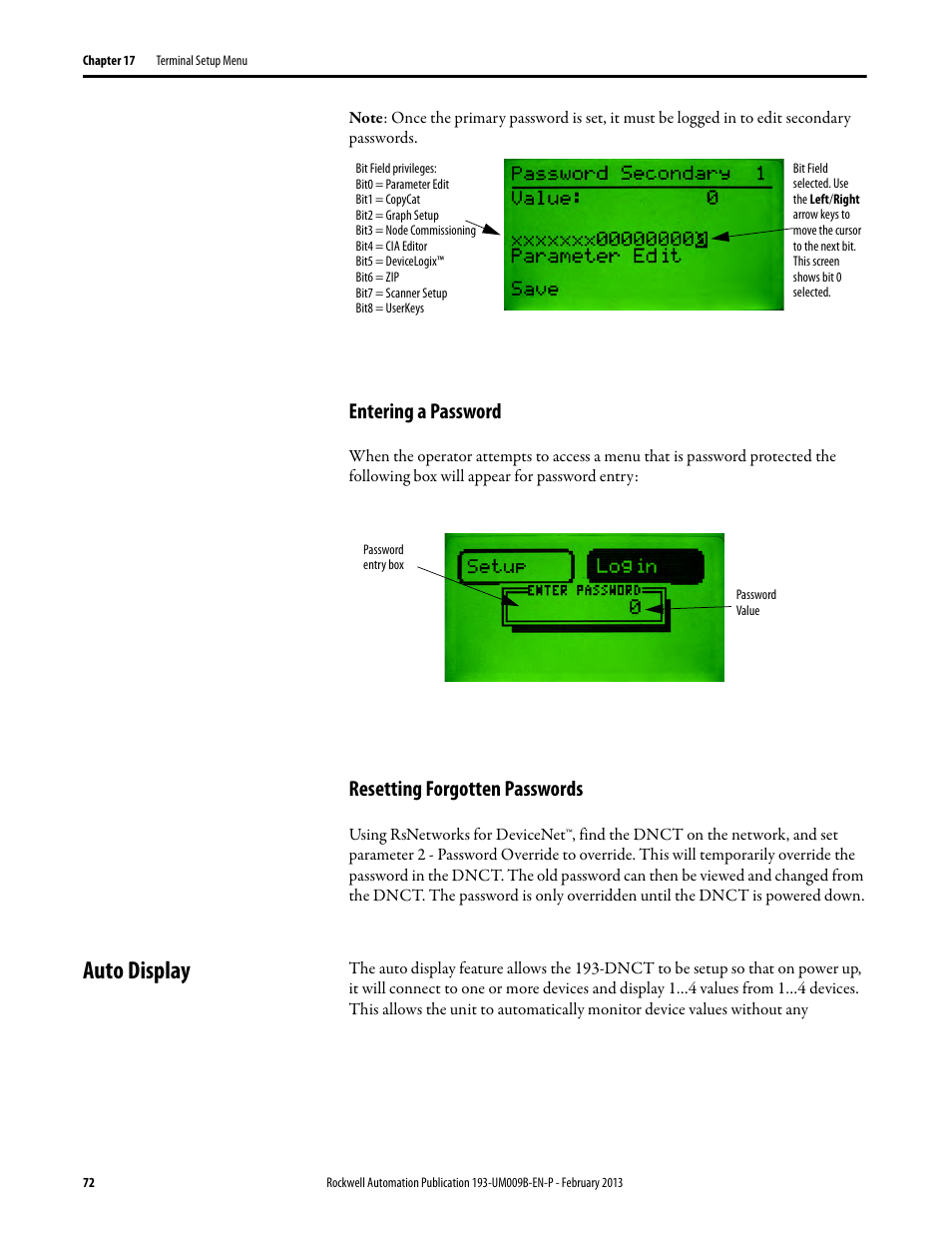 Entering a password, Resetting forgotten passwords, Auto display | Entering a password resetting forgotten passwords | Rockwell Automation 193-DNCT DeviceNet Configuration Terminal User Manual User Manual | Page 76 / 92