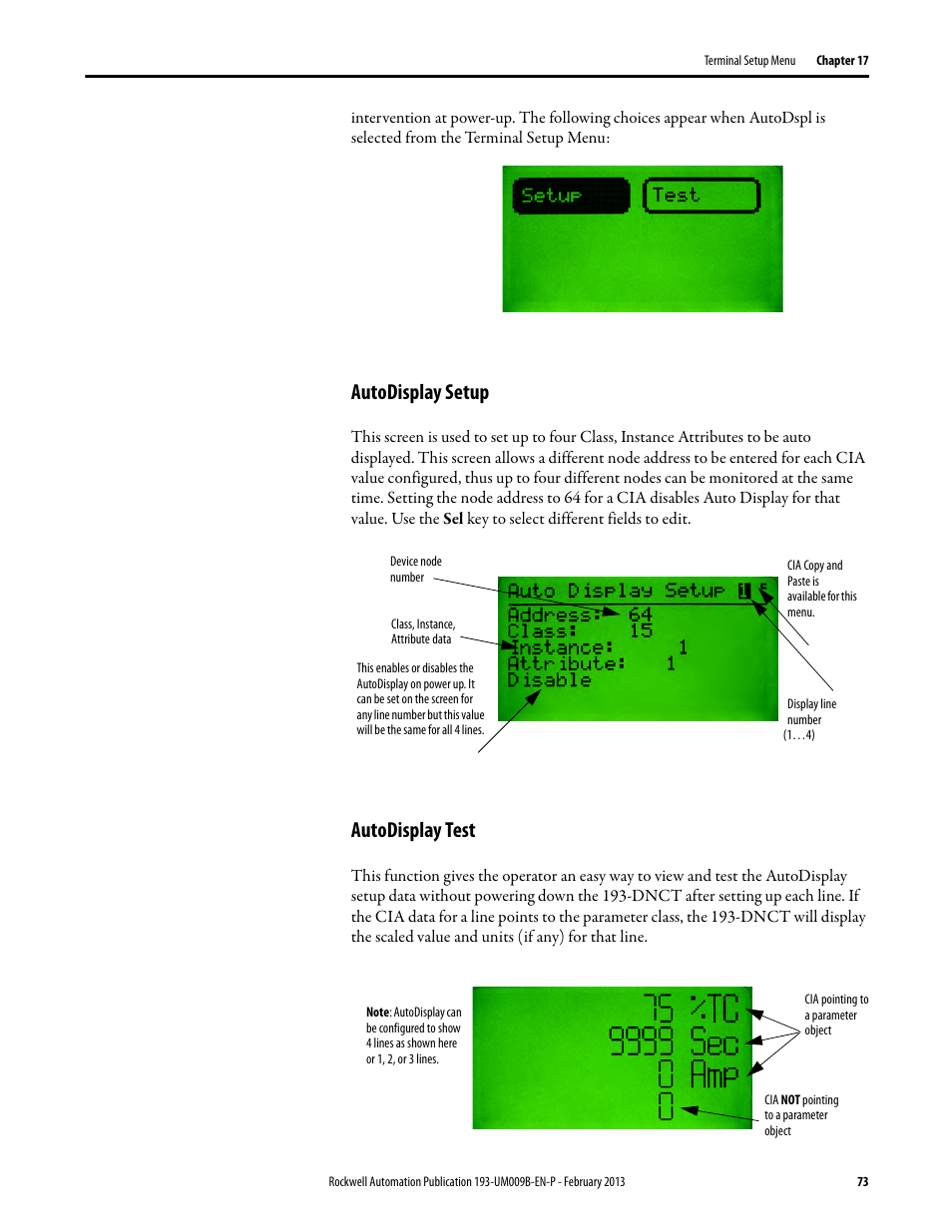 Autodisplay setup, Autodisplay test, Autodisplay setup autodisplay test | Rockwell Automation 193-DNCT DeviceNet Configuration Terminal User Manual User Manual | Page 77 / 92