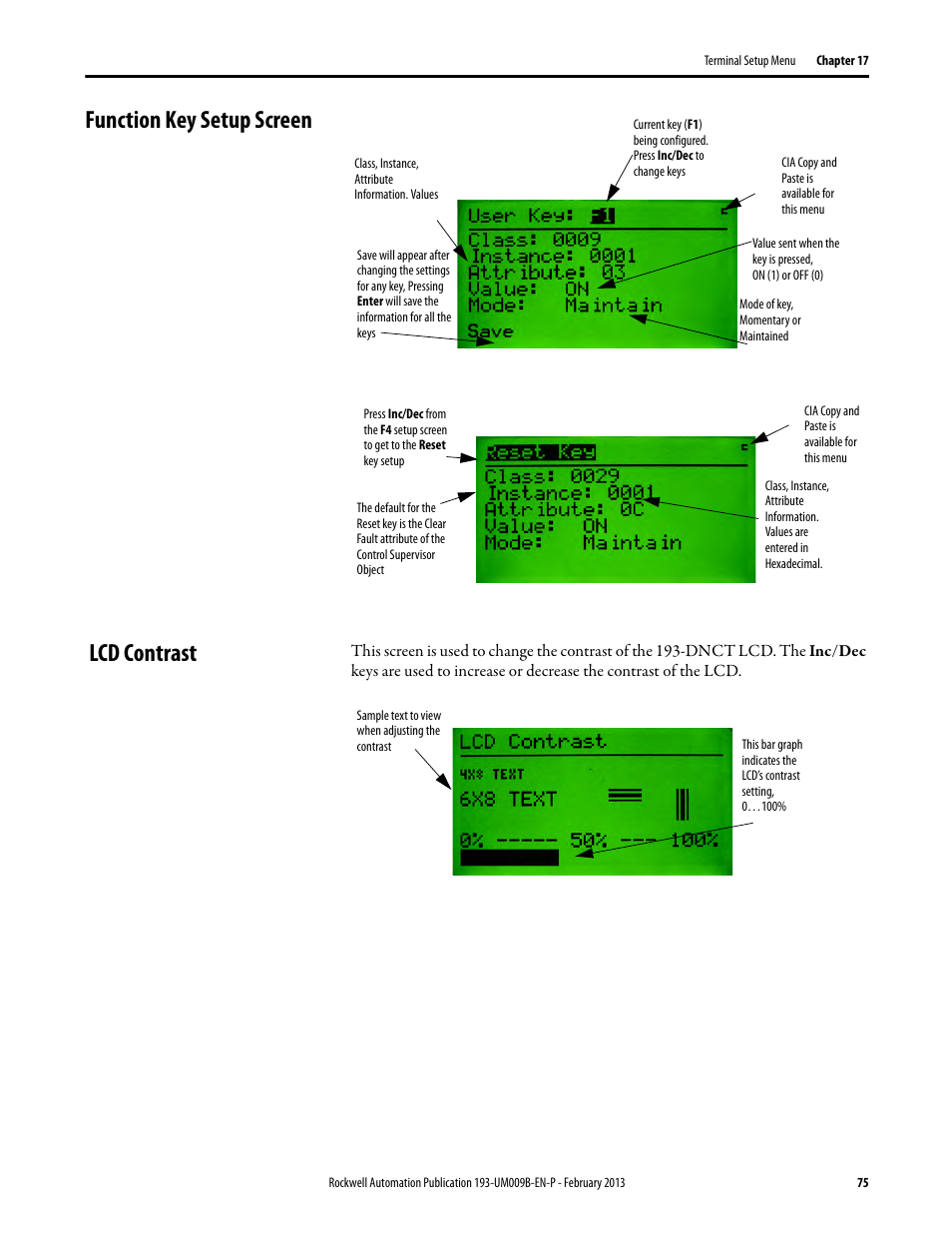 Function key setup screen, Lcd contrast, Function key setup screen lcd contrast | Rockwell Automation 193-DNCT DeviceNet Configuration Terminal User Manual User Manual | Page 79 / 92