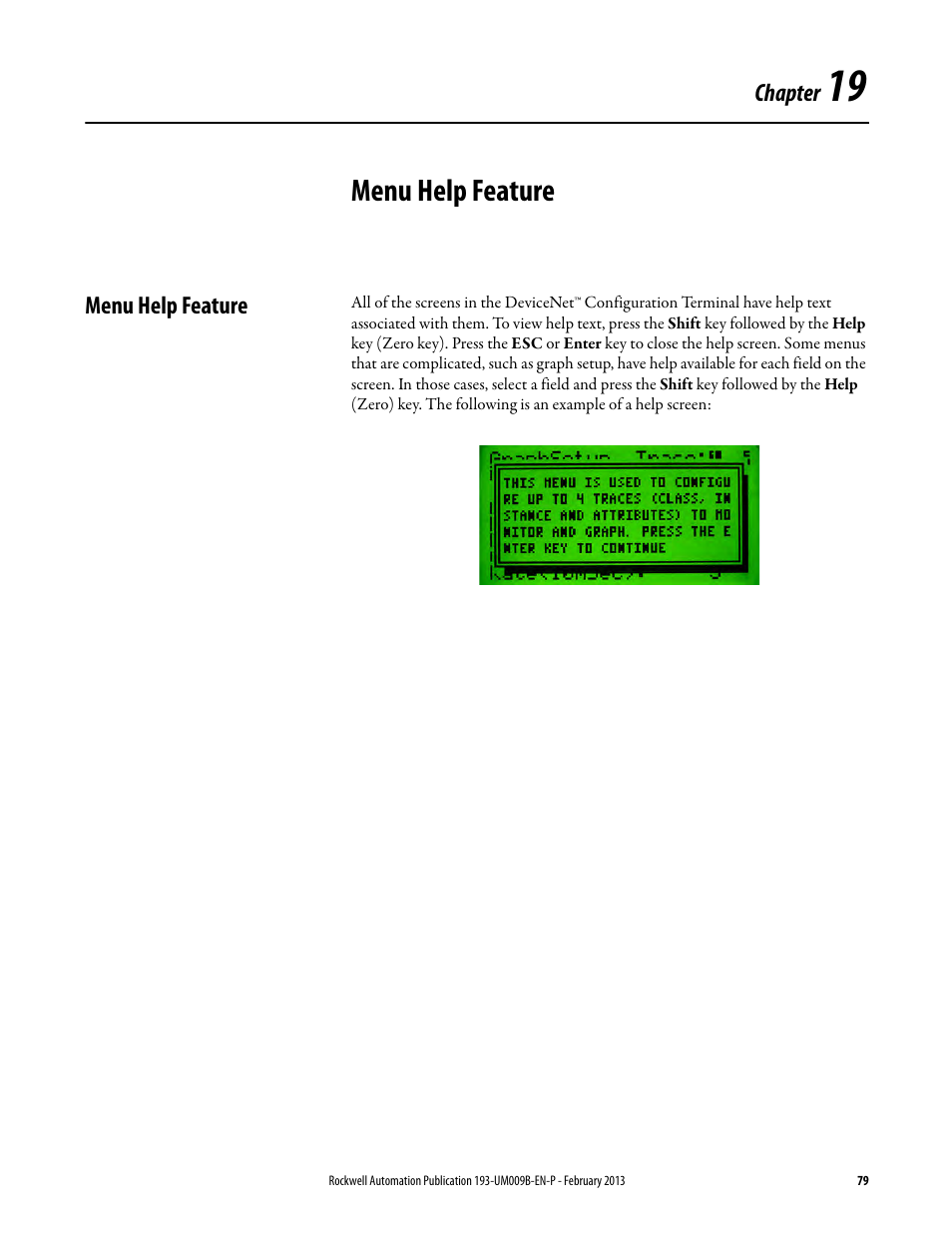 Menu help feature, Chapter 19 | Rockwell Automation 193-DNCT DeviceNet Configuration Terminal User Manual User Manual | Page 83 / 92