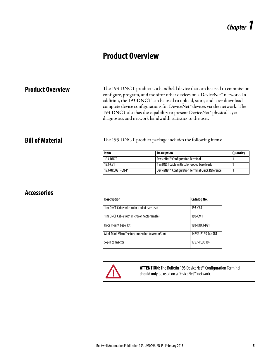 Product overview, Bill of material, Accessories | Chapter 1, Product overview bill of material accessories, Chapter | Rockwell Automation 193-DNCT DeviceNet Configuration Terminal User Manual User Manual | Page 9 / 92