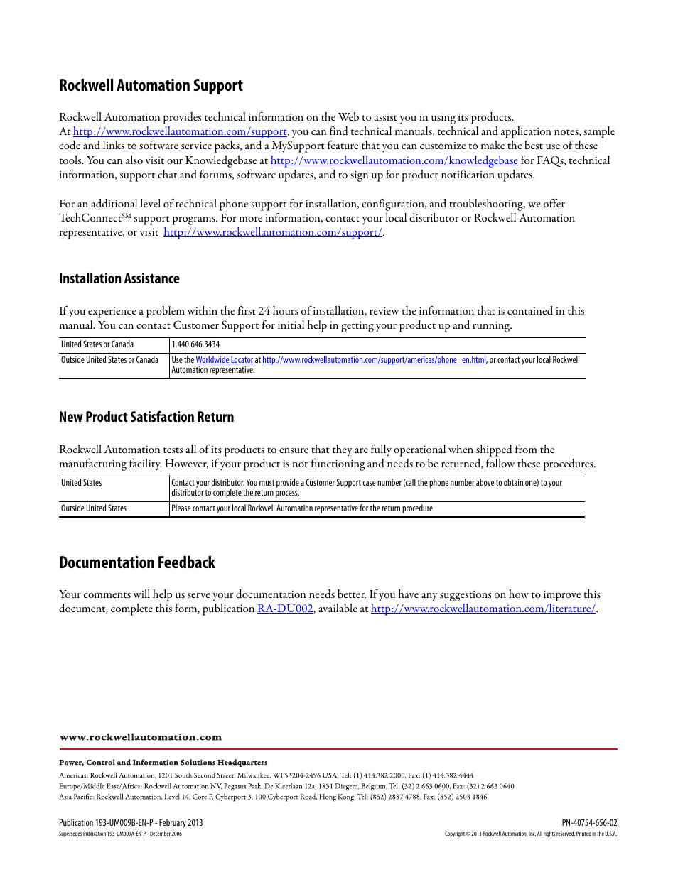 Back cover, Rockwell automation support, Documentation feedback | Installation assistance, New product satisfaction return | Rockwell Automation 193-DNCT DeviceNet Configuration Terminal User Manual User Manual | Page 92 / 92