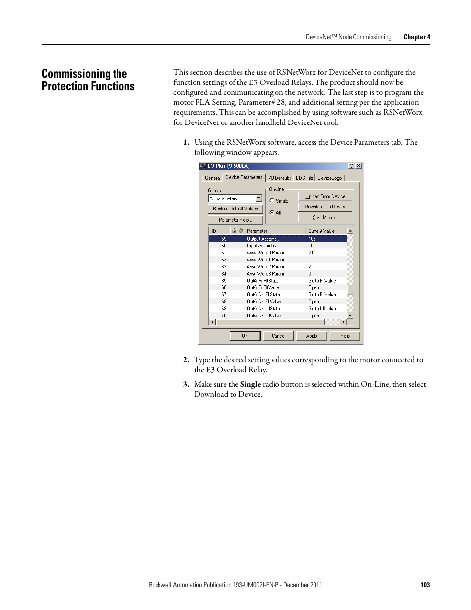 Commissioning the protection functions | Rockwell Automation 193-EC1_2_3_5, 193-ECPM,592-EC1_2_3_5 E3 and E3 Plus Solid-State Overload Relay User Manual User Manual | Page 103 / 276