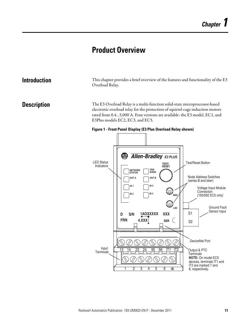 Product overview, Introduction, Description | Introduction description, Chapter | Rockwell Automation 193-EC1_2_3_5, 193-ECPM,592-EC1_2_3_5 E3 and E3 Plus Solid-State Overload Relay User Manual User Manual | Page 11 / 276