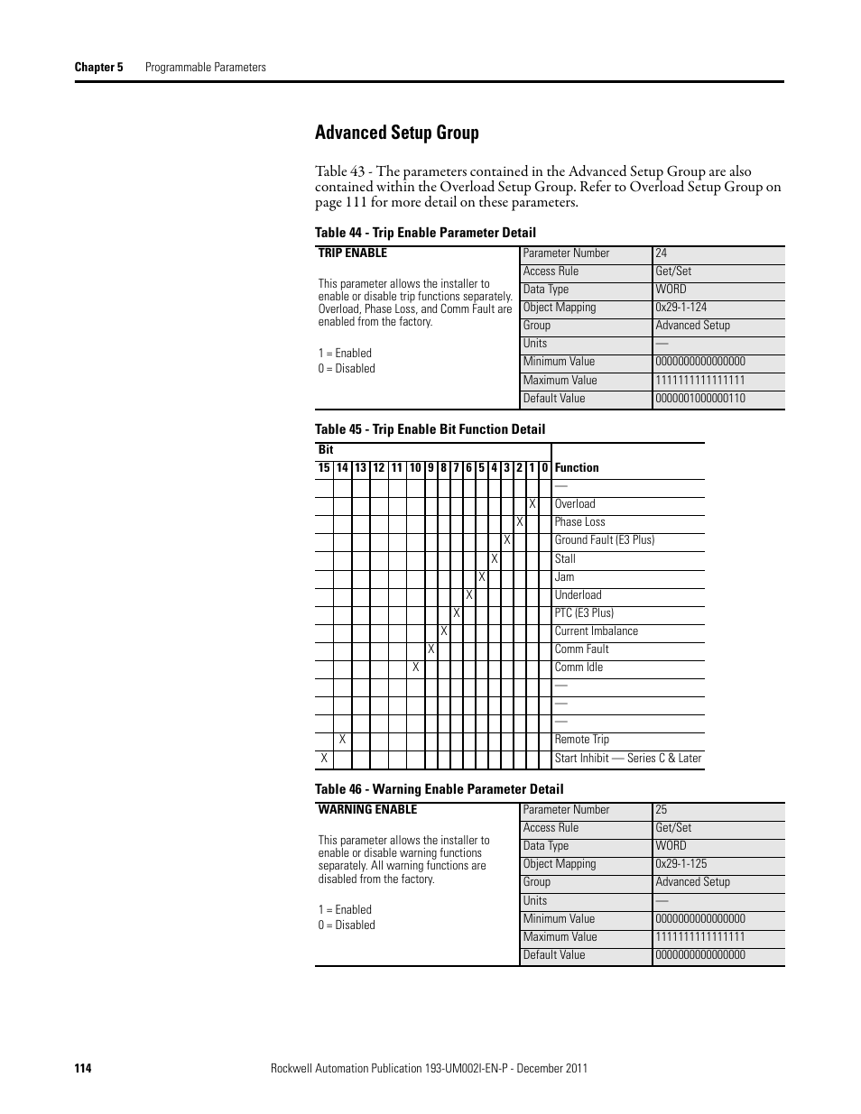 Advanced setup group | Rockwell Automation 193-EC1_2_3_5, 193-ECPM,592-EC1_2_3_5 E3 and E3 Plus Solid-State Overload Relay User Manual User Manual | Page 114 / 276