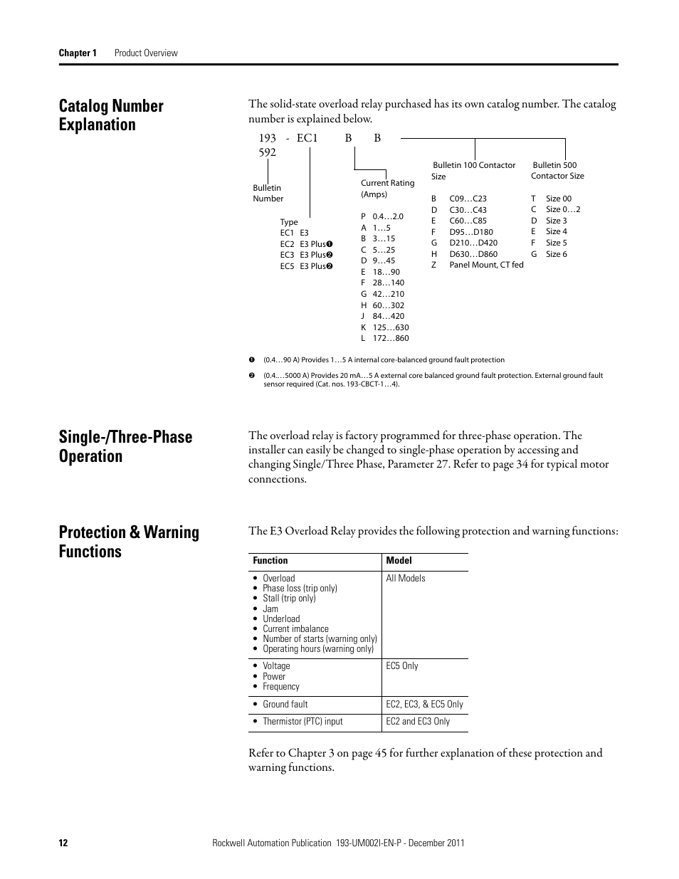 Catalog number explanation, Single-/three-phase operation, Protection & warning functions | Rockwell Automation 193-EC1_2_3_5, 193-ECPM,592-EC1_2_3_5 E3 and E3 Plus Solid-State Overload Relay User Manual User Manual | Page 12 / 276