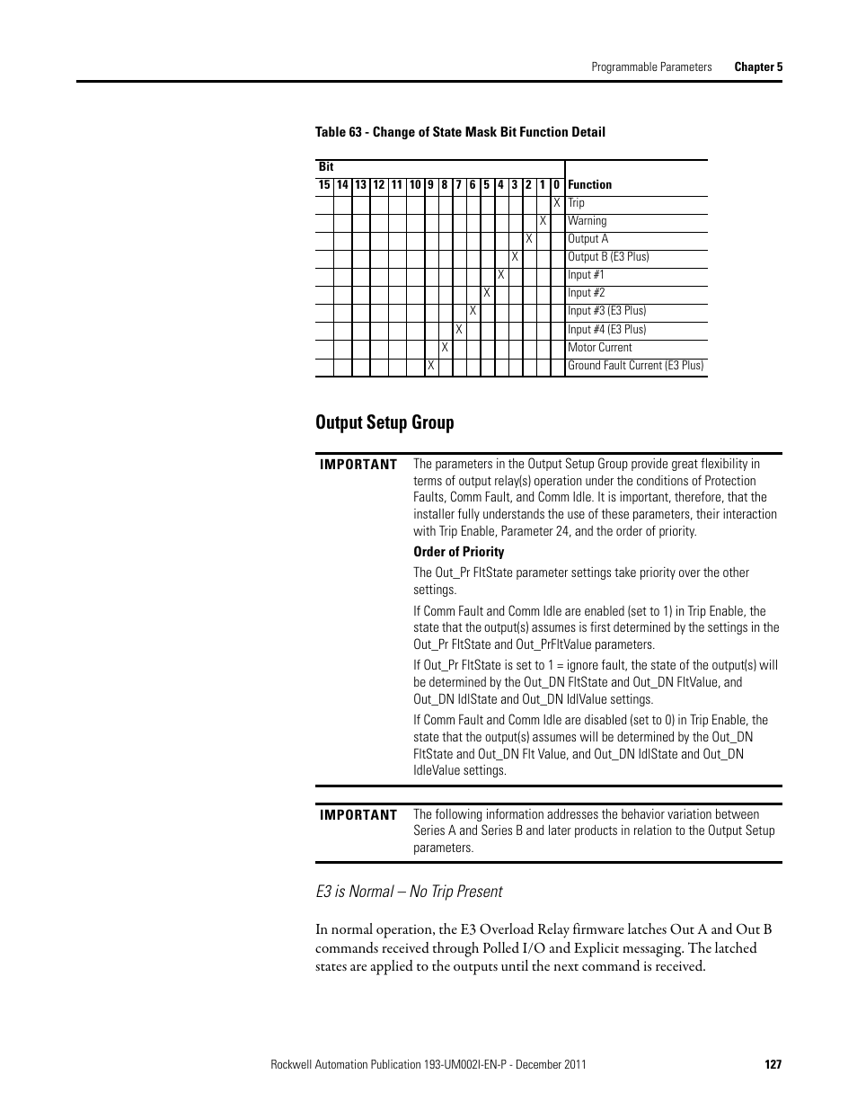 Output setup group | Rockwell Automation 193-EC1_2_3_5, 193-ECPM,592-EC1_2_3_5 E3 and E3 Plus Solid-State Overload Relay User Manual User Manual | Page 127 / 276