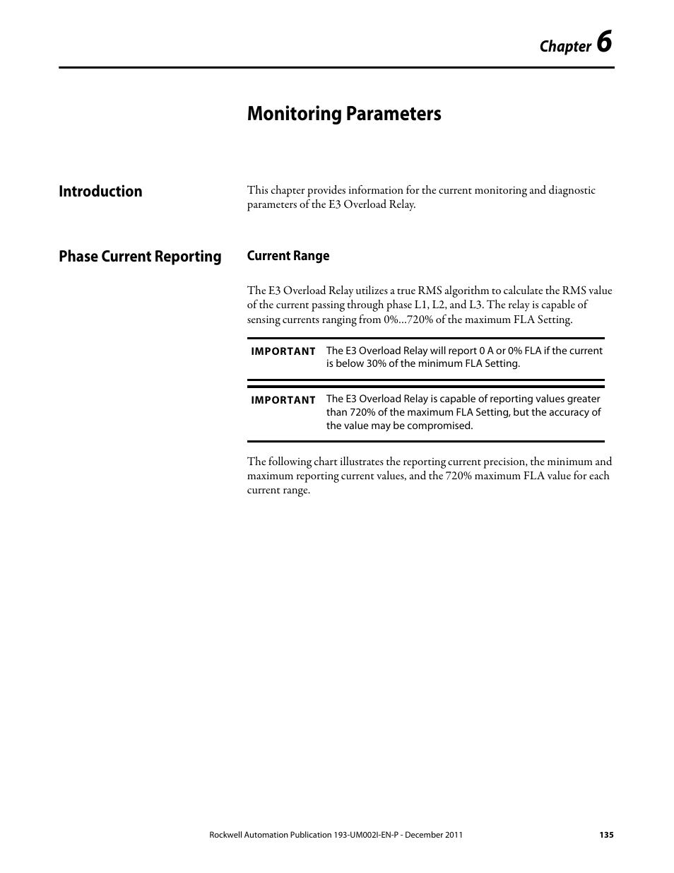 Monitoring parameters, Introduction, Phase current reporting | Current range, Introduction phase current reporting | Rockwell Automation 193-EC1_2_3_5, 193-ECPM,592-EC1_2_3_5 E3 and E3 Plus Solid-State Overload Relay User Manual User Manual | Page 135 / 276