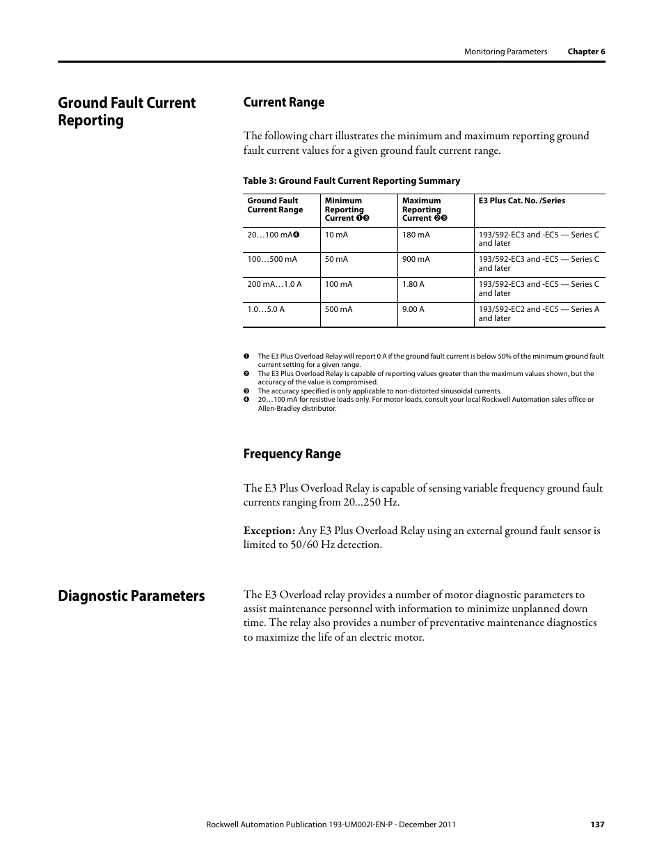 Ground fault current reporting, Current range, Frequency range | Diagnostic parameters, Current range frequency range | Rockwell Automation 193-EC1_2_3_5, 193-ECPM,592-EC1_2_3_5 E3 and E3 Plus Solid-State Overload Relay User Manual User Manual | Page 137 / 276